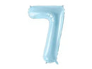 PartyDeco blue foil balloon shaped as a number 7, 34 inches tall, suitable for celebrations and party decorations.
