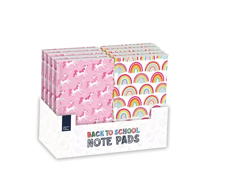 Set of 24 Gem Imports A5 notebooks featuring colorful unicorn and rainbow designs, perfect for notes and journaling.