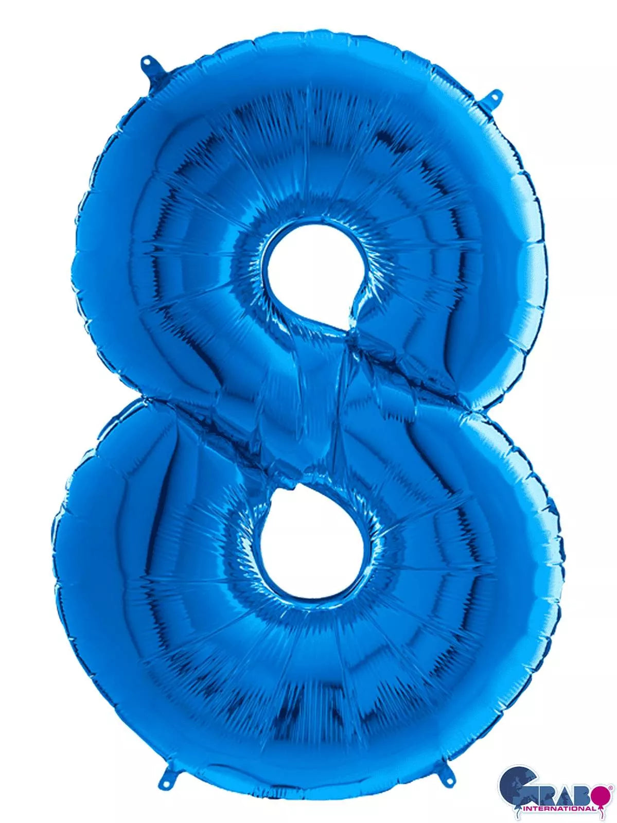 Blue Grabo foil balloon in the shape of the number eight, measuring 26 inches tall, with shiny metallic surface.