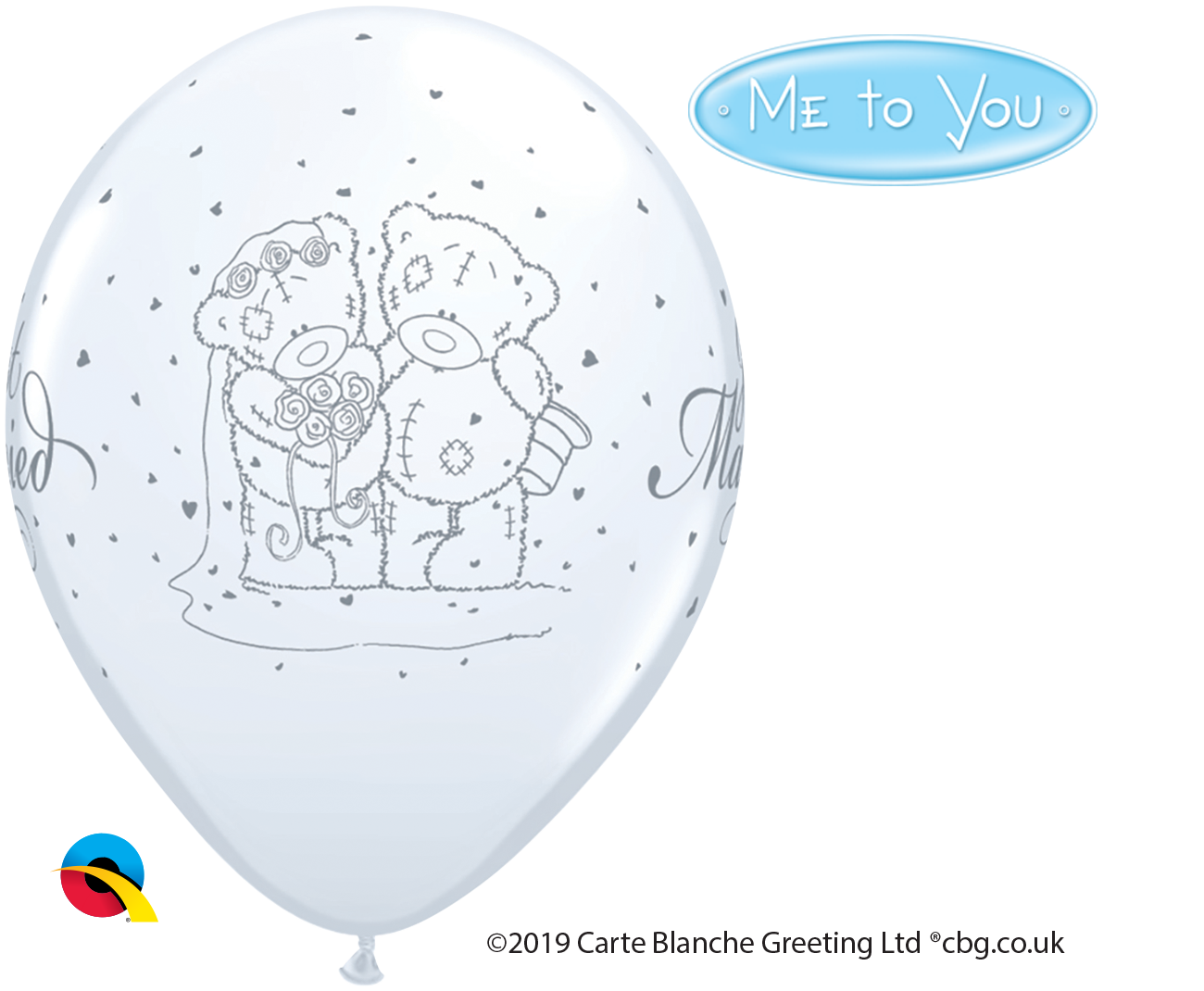 Qualatex 25-pack printed latex balloons featuring Tatty Teddy and Just Married designs, 11-inch size for wedding celebrations.