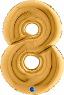 Gold Grabo foil balloon shaped as the number 8, 40 inches tall, shiny and festive for celebrations.