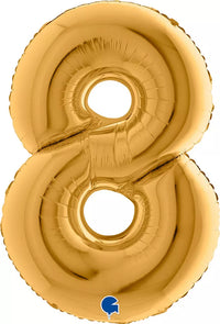 Gold Grabo foil balloon shaped as the number 8, 40 inches tall, shiny and festive for celebrations.
