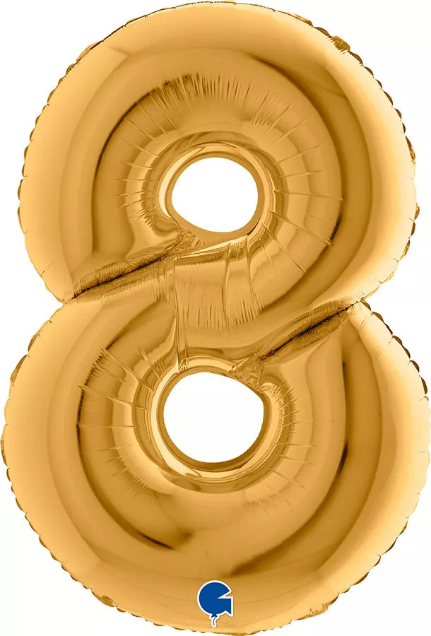 Gold Grabo foil balloon shaped as the number 8, 40 inches tall, shiny and festive for celebrations.