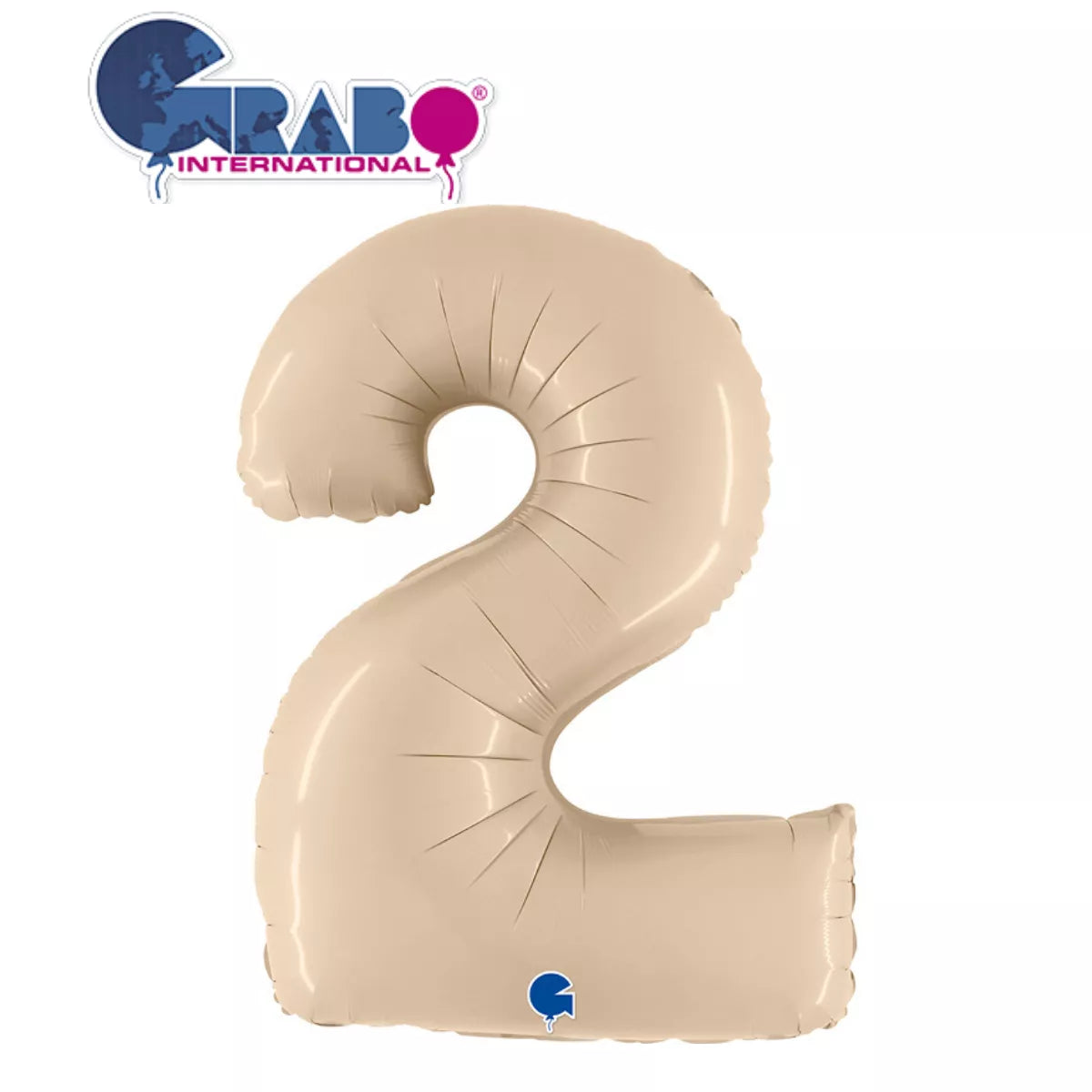 Grabo satin cream foil balloon in the shape of number 2, 40 inches tall, with a shiny, smooth surface and festive appearance.