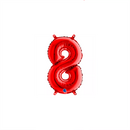 Red Grabo foil balloon in the shape of the number 8, measuring 14 inches, with shiny metallic surface.