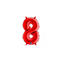 Red Grabo foil balloon in the shape of the number 8, measuring 14 inches, with shiny metallic surface.
