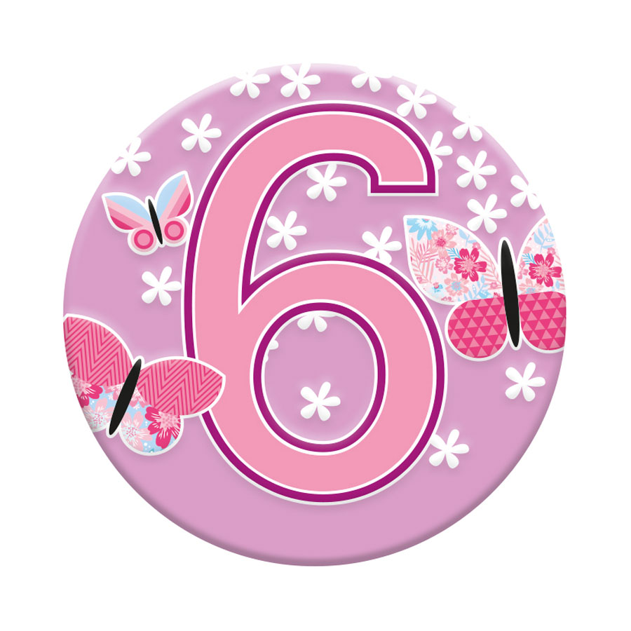 Six small birthday badges featuring the number 6, designed by Tiger Feet, perfect for celebrating a 6th birthday.