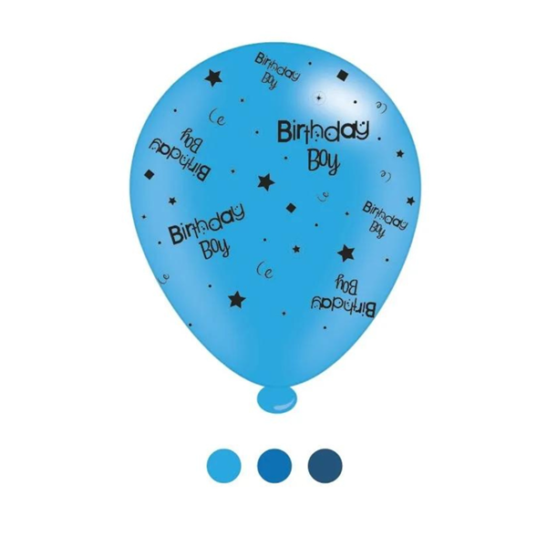 Eight 10-inch APAC latex printed balloons with "Birthday Boy" design, perfect for birthday celebrations.