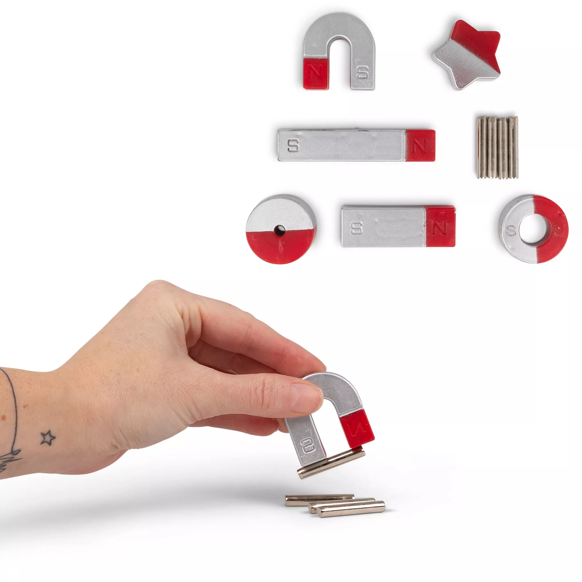 Colorful magnetic toy set by One For Fun featuring various shaped magnets for creative play and building.