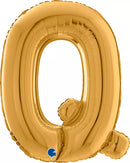 Gold Grabo foil balloon shaped as the letter Q, 26 inches tall, shiny metallic finish, perfect for celebrations and parties.