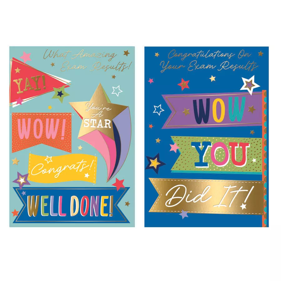 Poppyhill C50 congratulations exam results cards, 12-pack, featuring colorful designs for celebrating academic achievements.