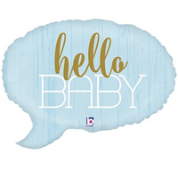 Blue Hello Baby 24-inch foil balloon from Grabo, featuring a cheerful Hello Baby message and shiny foil surface.