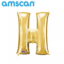 Gold 16-inch Anagram foil balloon in the shape of the letter H, shiny metallic finish, perfect for celebrations and decorations.