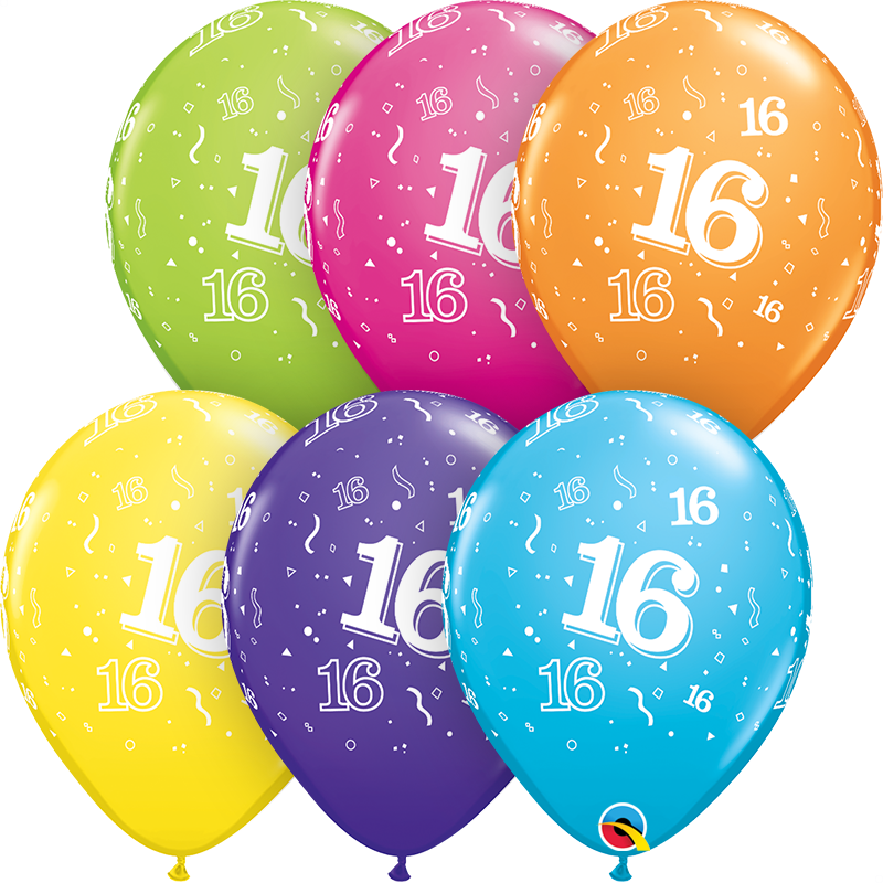 Qualatex 25-pack printed latex balloons in tropical design, age 16 theme, assorted 11-inch size for celebrations