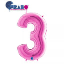 Fuchsia 40-inch Grabo foil balloon in the shape of the number 3, shiny and festive for celebrations.