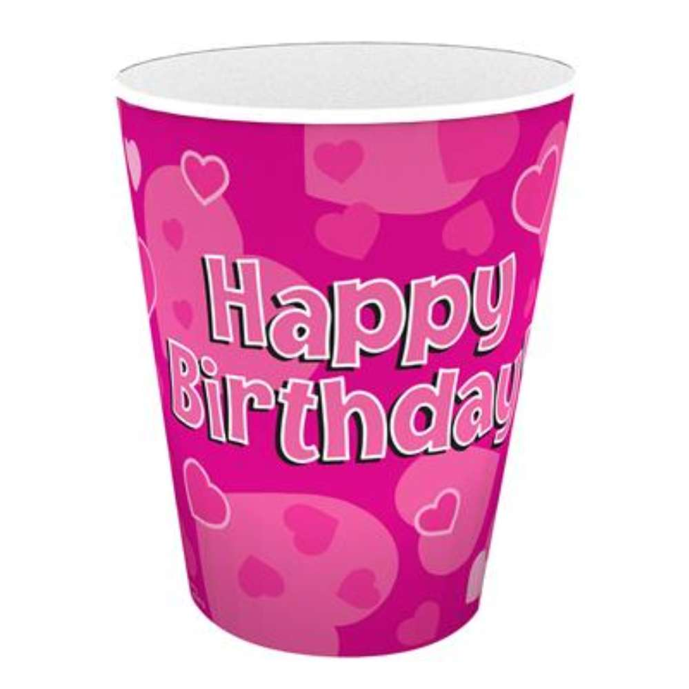 Oaktree 8-pack pink 9oz Happy Birthday drinkware cups with colorful birthday cake and balloon designs