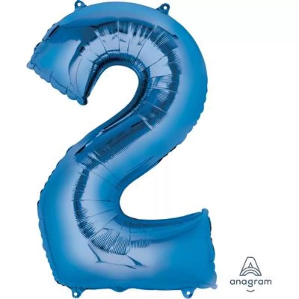Blue 34-inch Anagram foil balloon shaped as the number 2, shiny and reflective, perfect for celebrations or parties.