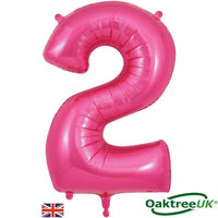 Pink 34-inch Oaktree foil number 2 balloon, shiny and festive for celebrations, with reflective surface and clear number shape.