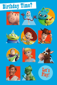 Six Hallmark Toy Story birthday cards in a pack, featuring colorful Toy Story characters and festive designs.