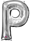 Silver 34-inch Anagram foil balloon in the shape of the letter P, with a shiny metallic finish and smooth surface.