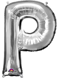 Silver 34-inch Anagram foil balloon in the shape of the letter P, with a shiny metallic finish and smooth surface.