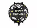 PartyDeco foil balloon with "Happy Birthday" and gaming design, 14-inch size, featuring colorful metallic foil surface.