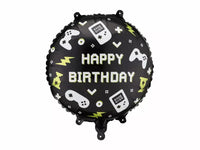 PartyDeco foil balloon with "Happy Birthday" and gaming design, 14-inch size, featuring colorful metallic foil surface.