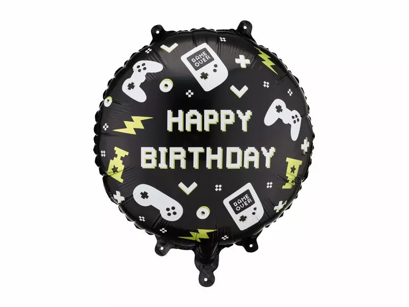 PartyDeco foil balloon with "Happy Birthday" and gaming design, 14-inch size, featuring colorful metallic foil surface.