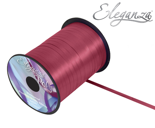 Eleganza Burgundy 5mm satin ribbon for balloons, 500 yards, showcasing smooth, shiny fabric ideal for decorating and gift wrapping.