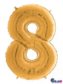 Gold Grabo foil balloon shaped as the number 8, measuring 26 inches, with shiny metallic finish and embossed details.