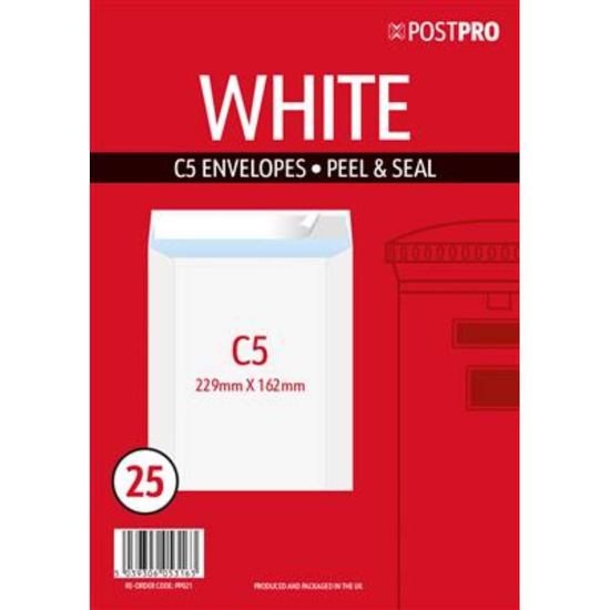 25pk Envelopes C5 162x229mm Peal&Seal White