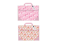 Colorful unicorn and rainbow book bags from Gem Imports, measuring 31.5x38.5cm, perfect for gifts or school supplies.