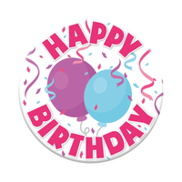 Set of six small birthday badges with open designs from Tiger Feet, featuring colorful, festive graphics for celebration displays.