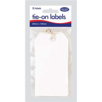 White tie-on labels measuring 6x11cm from County Stationery, shown in a close-up image ready for application.