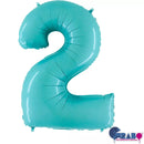 Pastel blue Grabo foil balloon in the shape of the number 2, measuring 40 inches, with shiny metallic finish.