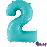Pastel blue Grabo foil balloon in the shape of the number 2, measuring 40 inches, with shiny metallic finish.