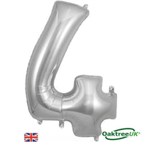 Silver Oaktree foil balloon in the shape of the number 4, measuring 34 inches tall, with shiny metallic finish.