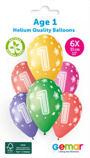 Gemar Cosmic Stars age 1 latex printed balloons, 13-inch, 6-pack, featuring colorful star designs on smooth latex surface.