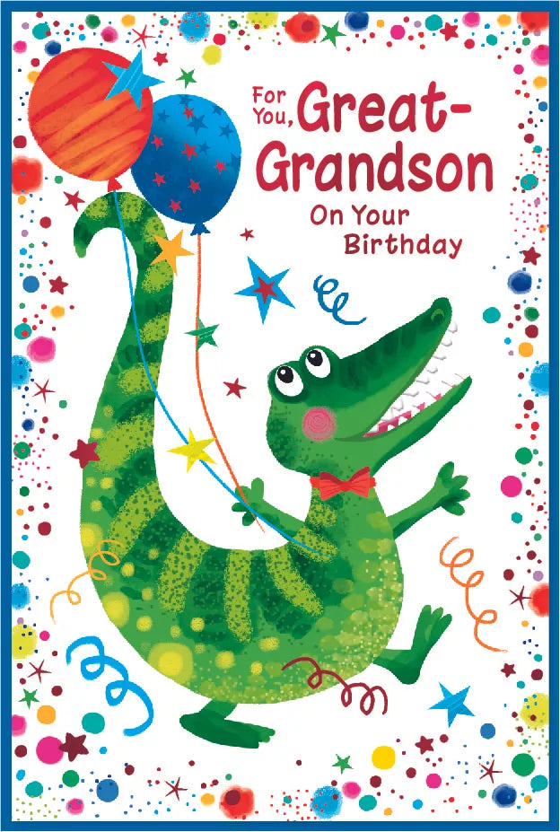 Simon Elvin C75 birthday cards set featuring colorful designs and messages for celebrating a great-grandson's special day.