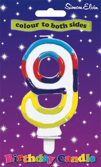 Simon Elvin multicolour glitter number 9 party candle with shiny, festive design for celebrations and special occasions.
