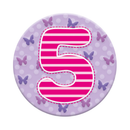 Six small Tiger Feet birthday badge pins featuring the age 5, perfect for celebrating a child's fifth birthday.