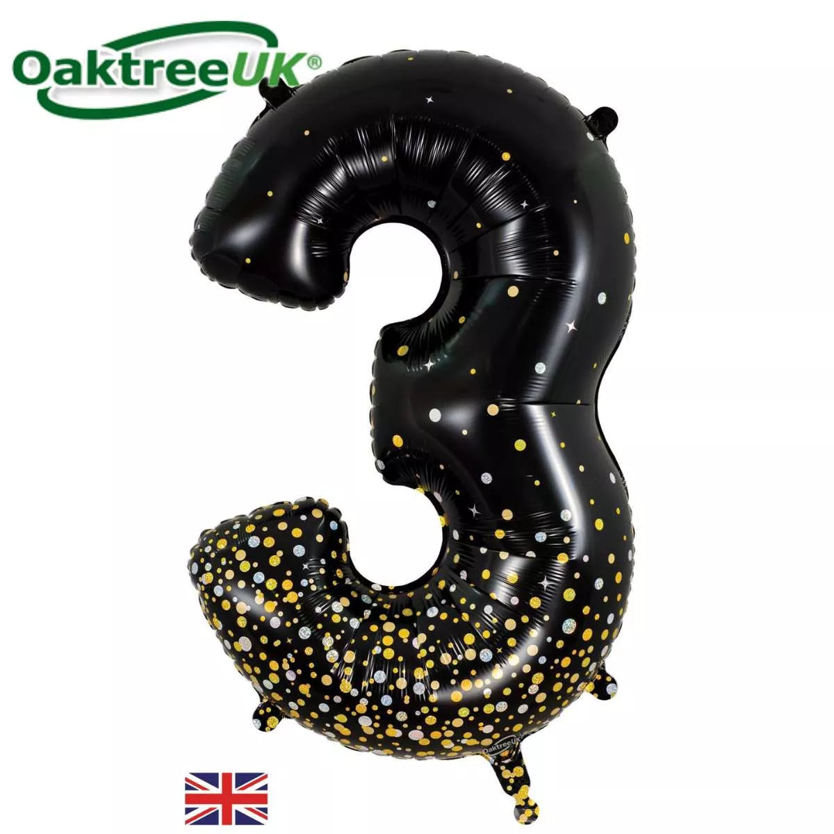 Oaktree 34-inch black and gold foil number 3 balloon with shiny metallic finish for celebrations and events