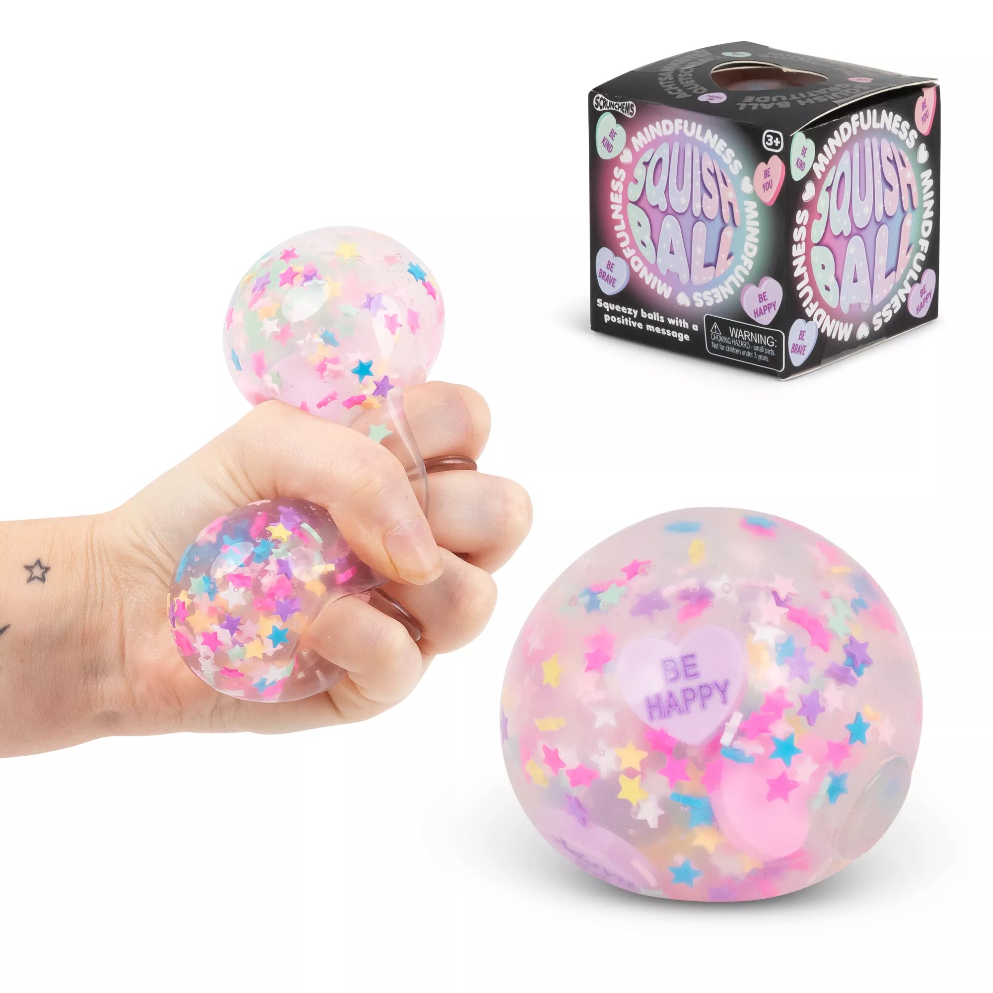 Colorful Scrunchems Squish Ball from One For Fun, a soft stress-relief toy designed for mindfulness and sensory play.