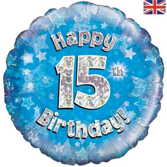 18" 15th Birthday Blue Holographic Foil Balloon