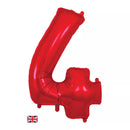 Oaktree red foil balloon in the shape of the number 4, 34 inches tall, shiny and festive for celebrations.