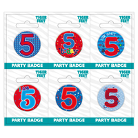 Six small Tiger Feet birthday badges showing age 5, perfect for kids' birthday celebrations.