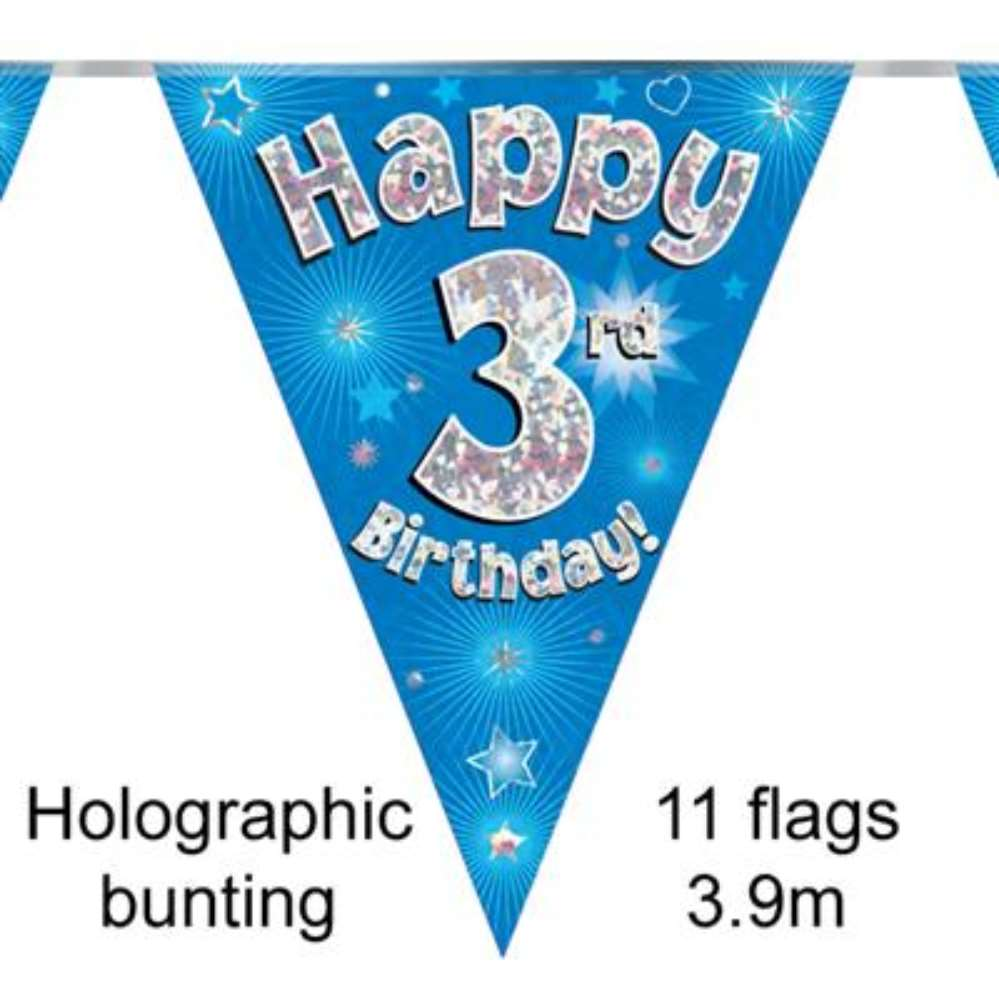 Bunting 11 Flags Blue Holographic Birthday Age 3