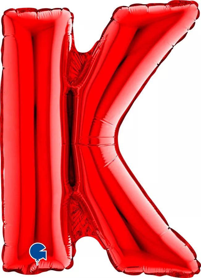 Red Grabo foil balloon in the shape of the letter K, 14-inch size, shiny metallic finish, designed for celebrations and decorations.