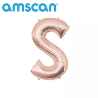 Anagram rose gold foil balloon in 16-inch letter S shape with shiny metallic finish, ready for celebration decorations.