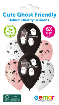 Six Gemar Cute Ghost 13-inch latex printed balloons featuring playful ghost designs, perfect for Halloween celebrations.